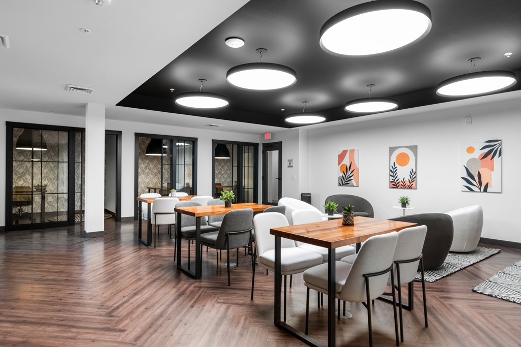 a large room with tables and chairs